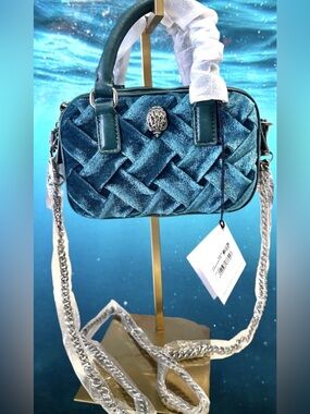 Kurt Geiger NWT Teal Velvet & Vegan Leather Crossbody top handles/silver chain